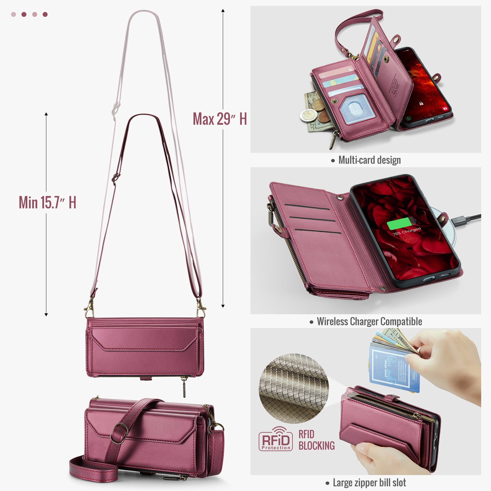 Compatible with Samsung Galaxy S24 FE 5G Zipper Wallet Phone Case Tempered Glass Screen Protector Crossbody Lanyard Strap Flip Card Holder Slot Cell Cover for S 24 EF AI S24FE 24S Women Wine Red