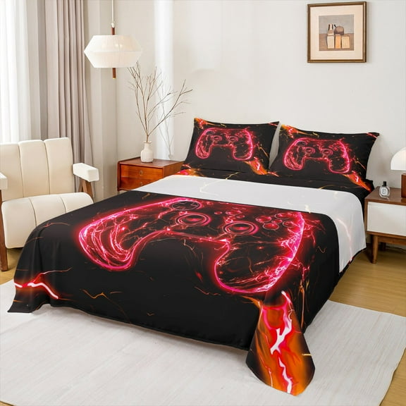 Manfei Red Gamepad Twin Sheet Sets,Modern Gamer Twin Fitted Sheet,Kids Video Game Flat Sheet,Ultra Soft Home Decor,3 Pieces