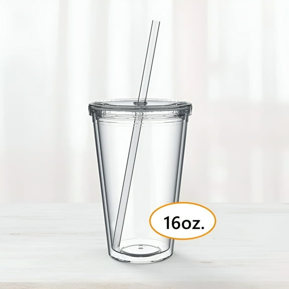 LAMIRO Plastic Cup with Lid and Straw, 16 Oz Clear Classic Insulated Tumblers, Double Wall, Reusable Plastic Acrylic, Perfect for Parties, Birthdays, Customization - 1 Pc