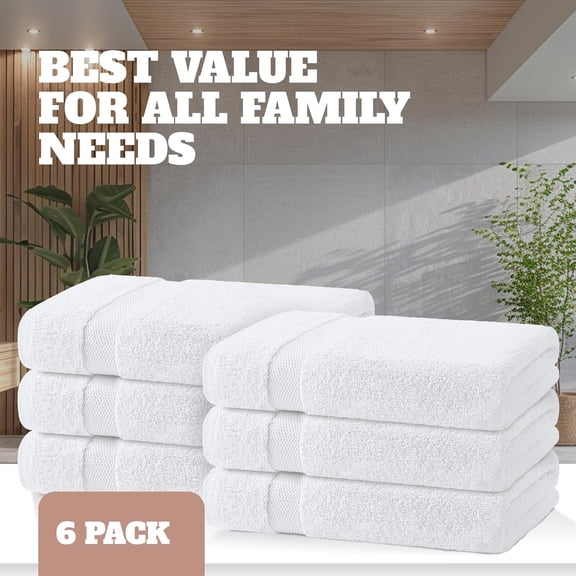 Bath Towels 24x50 Inch, 6 Pack - Extra Absorbent Cotton Towel Set for Bathroom