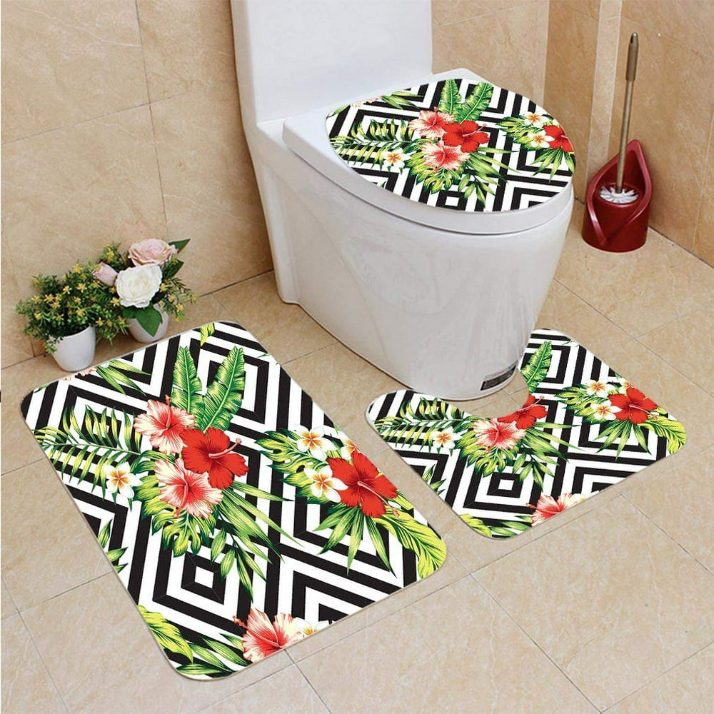 PUDMAD Hibiscus Palm Leaves Tropical 3 Piece Bathroom Rugs Set Bath Rug