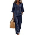 thumbnail image 3 of LEKODE Halter Neck Linen Set for Women 2 Piece Sets Ruffle Tops Flowy Set Boho Tops Casual Sets for Women Linen Pants Set Gauze Shirts V Neck Plus Size Loose Fit Slim Fit Top Airport Blue 2XL, 3 of 4
