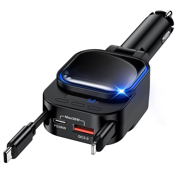 Samovi Retractable Car Charger, 96W Car Charger Fast Charging, 4 in 1 Fast Charging with 2 Retractable Cables and 2 USB Ports, Car Charger Adapter with Voltage Detection, for Cars Trucks