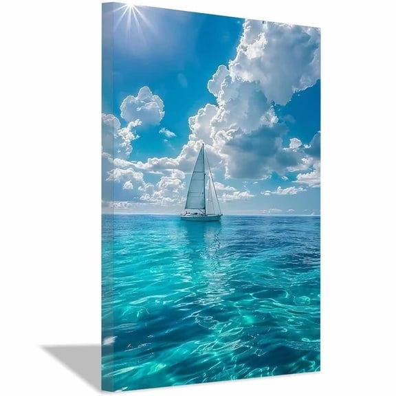 Sailboat on Blue Ocean Canvas Wall Art,Sunny Sky Prints Painting,Nautical Decor for Living Room Bedroom Office Home Decor,Framed Ready to Hang-12"L x 8"W