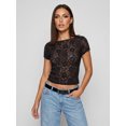 thumbnail image 4 of LMLYSoH Women's Slim Floral Jacquard T-Shirt See-Through Mesh Boat Neck Short Sleeve Crop Tops, 4 of 8