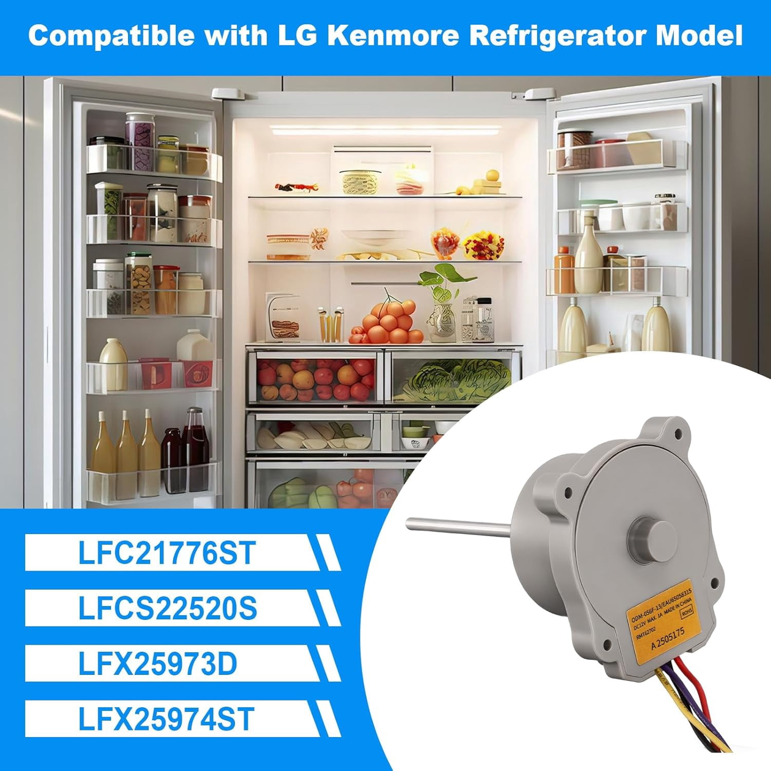 EAU65058315 Refrigerator Evaporator Fan Motor Assembly Compatible with LG Kenmore Fridge Model LFC21776ST LFCS22520S LFX25973D LFX25974ST,Replace ODM-056F-15 AP7211789 PS17308826 EAU63103209,DC12V 1A