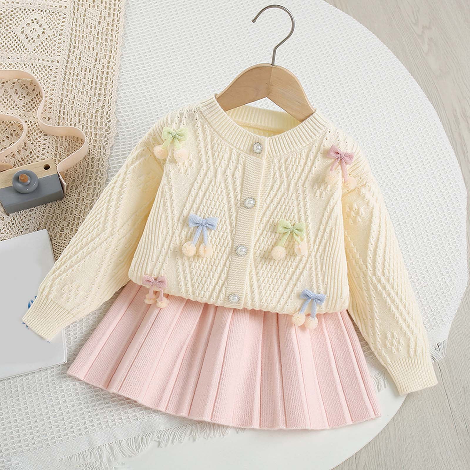 Toddler Girls Comfortable And Warm Sweater Set Girls Fashionable And Sweet Knitted Cardigan Half Skirt Set Long Sleeve Sweatshirt Tops Pants Set 1t 2t 3t 4t 5t 6t (3-4 Years,White)