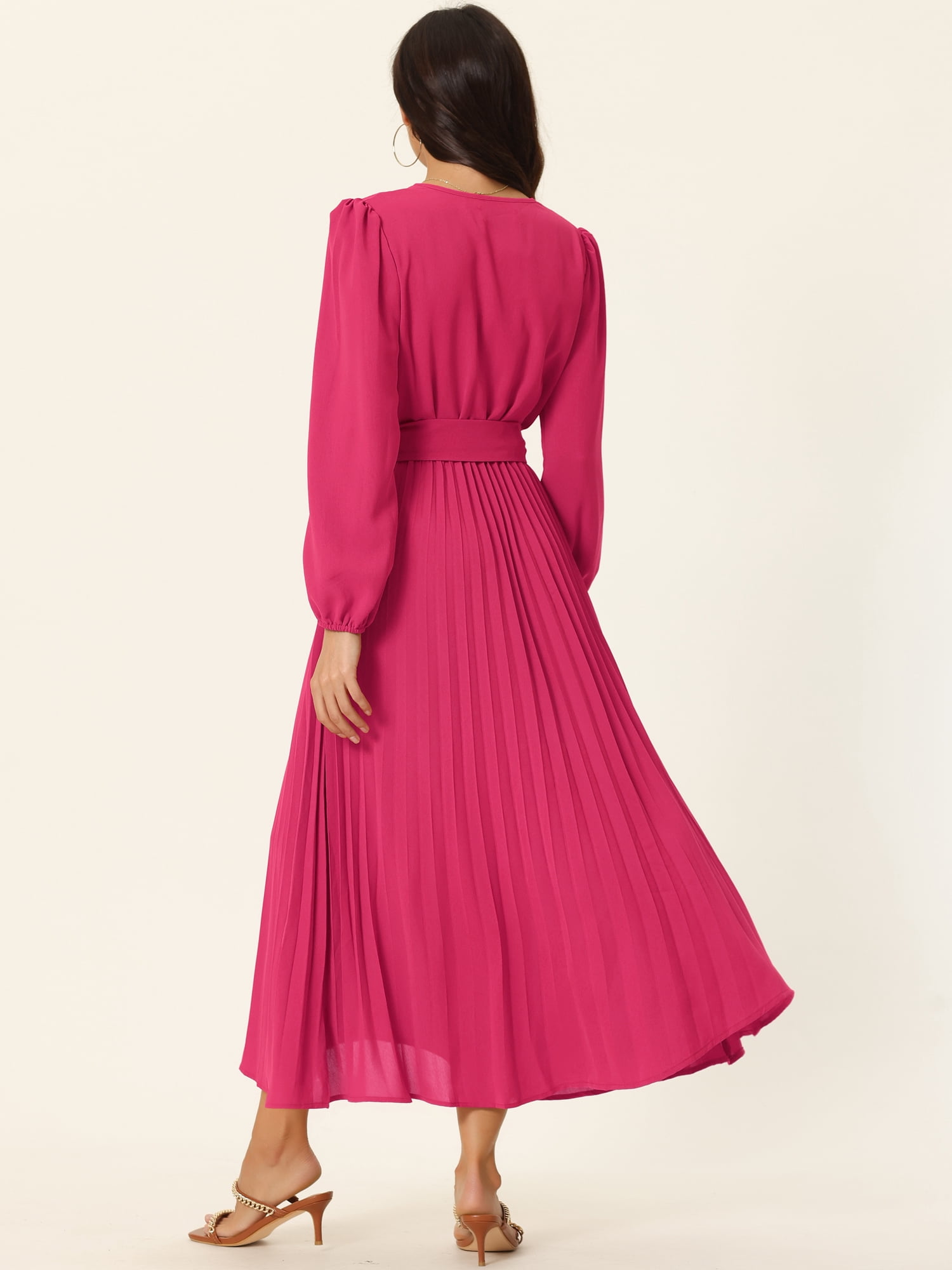 Unique Bargains Women's Long Puff Sleeve Flowy Ruffle Pleated Dress with Belt S Hot Pink