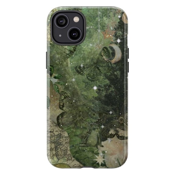 Mystical Green Butterfly Phone Case, Ethereal Nature-Inspired iPhone Cover, Artistic Floral and Moonlight Protective Case for iPhone 16 15 14 13 12 11 Plus Pro Max Mini