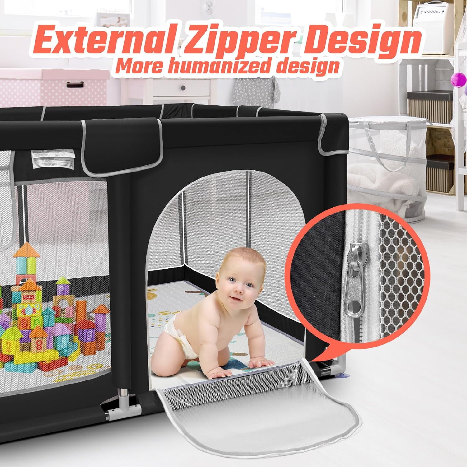 kmaier Baby Playpen, Large Indoor and Outdoor Play Yards, 360° Visibility , for Toddler-Black