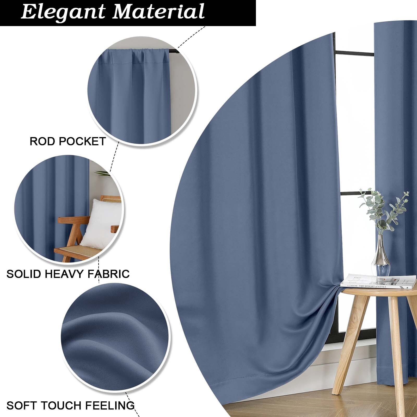 Patin Denim Blue Blackout Curtains 84 Inches Long 2 Panels, Room Darkening Rod Pocket Bedroom Curtains, Solid Thermal Insulated Drapes for Dining Room Living Room, Each Panel 40" W x 84" L