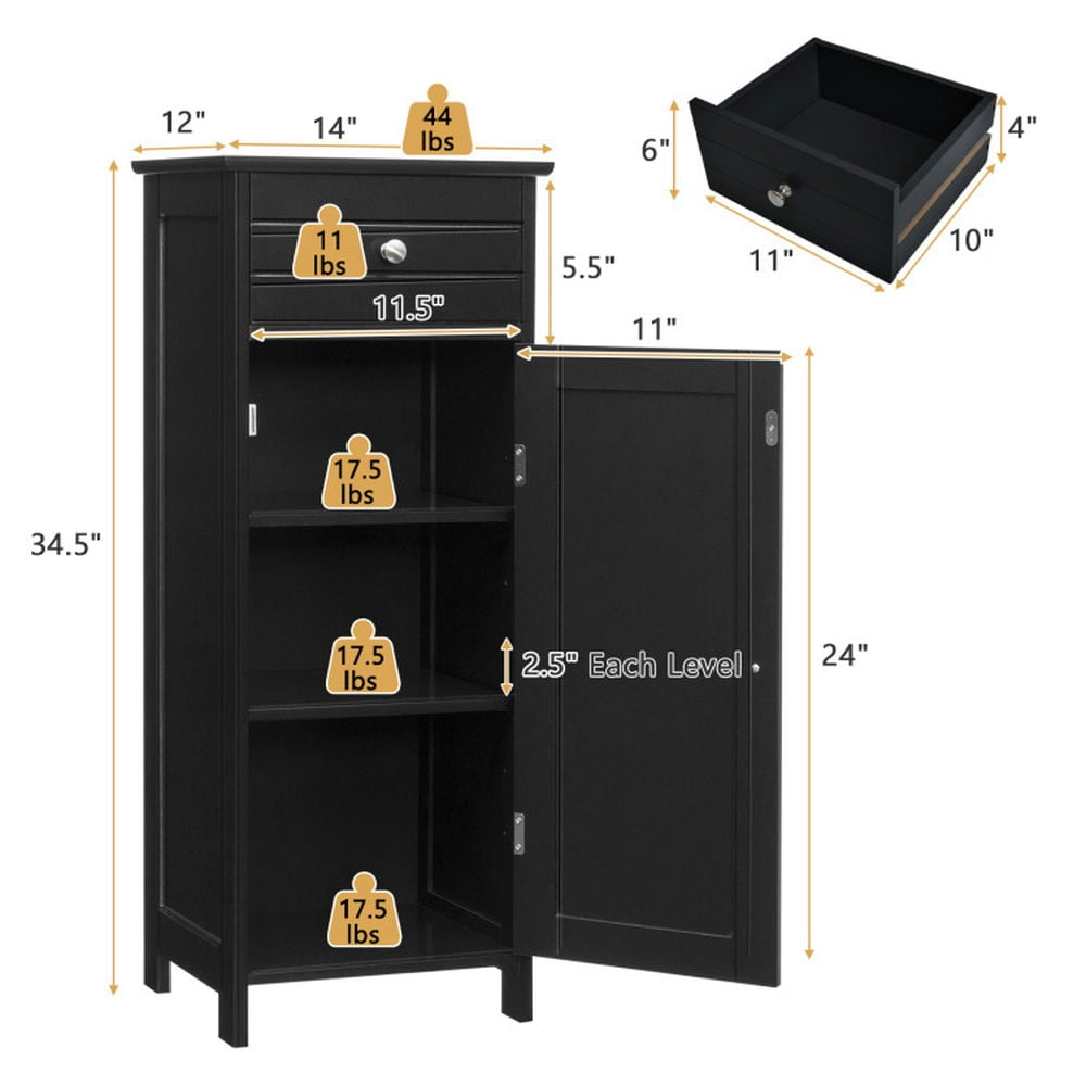 Finihen Storage Cabinet, Floor Cabinet, Wooden Storage Free-Standing Floor Cabinet with Drawer and Shelf, for Bathroom, Living Room, Bedroom, Kitchen, Black