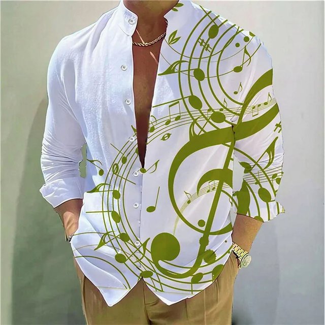 Camisa de manga larga de verano para hombre nueva de 2024, diseño con estampado musical, cómoda y elegante, ropa informal de gran tamaño