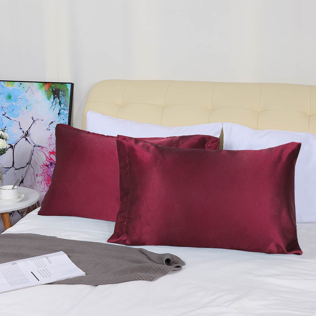 Unique Bargains 4 Pack Satin Pillowcases with Envelope Closure Burgundy Standard