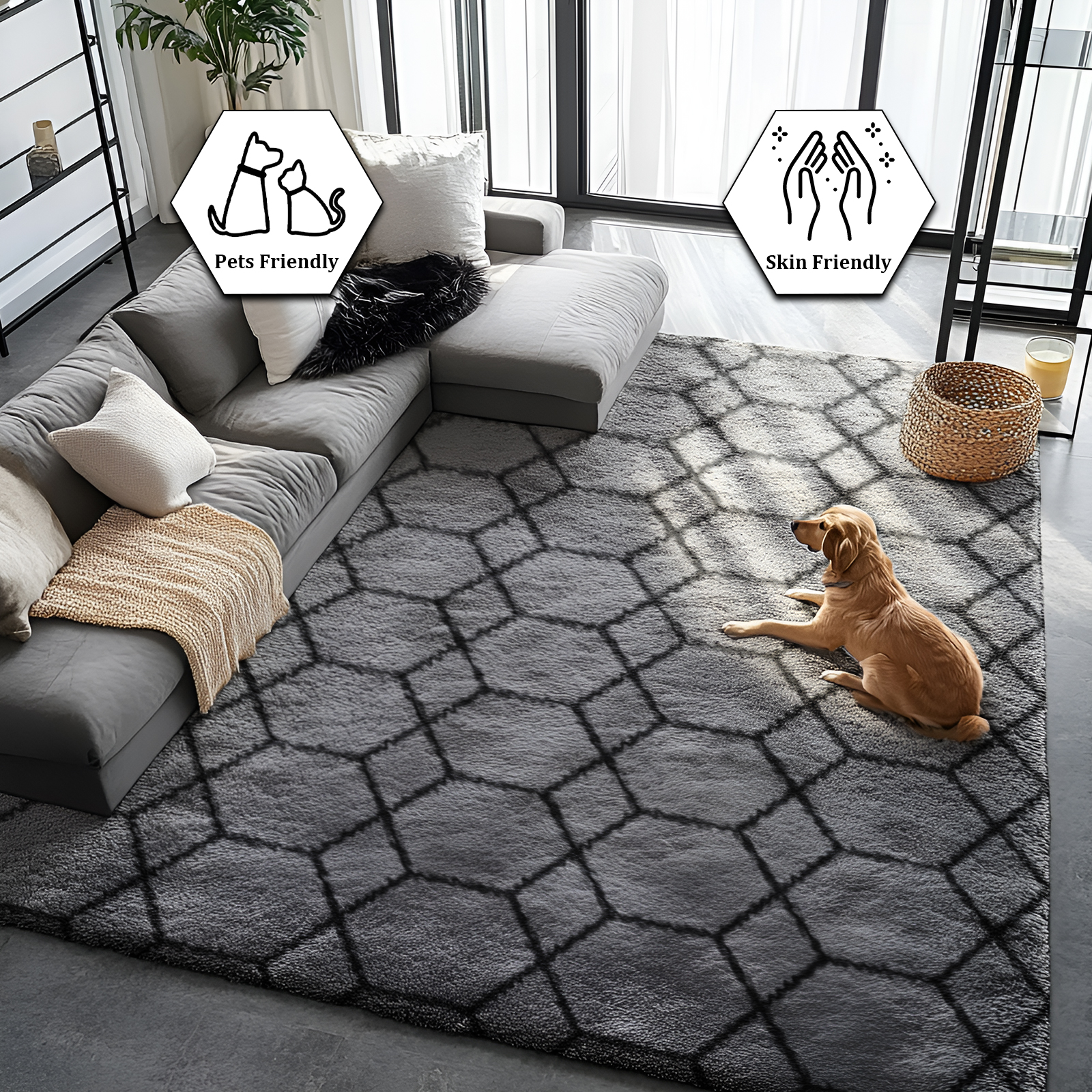 Pentantan 8ft x 10ft Shag Area Rugs for Living Room, Modern Geometric Fluffy Bedroom Carpet, Black & Gray
