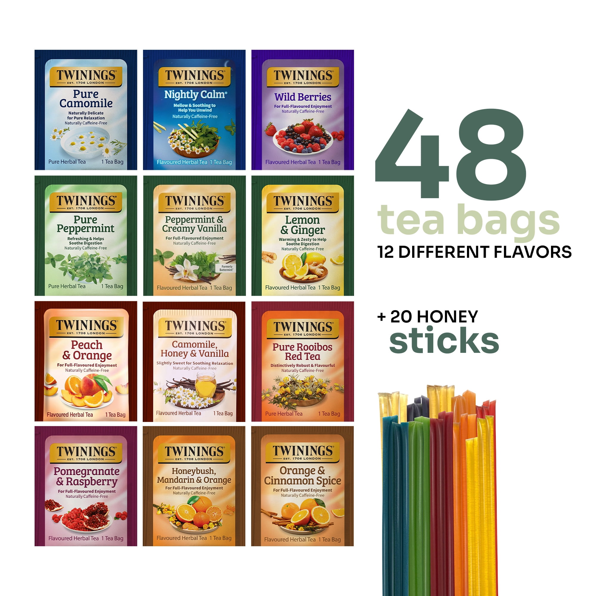 Twinings Herbal Tea Bags with Honey Sticks, 48 Assorted Tea Flavors, 20 Honey Sticks, Variety Pack