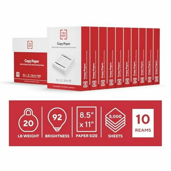Staples TRU RED 8.5x11 Copy Paper 20 lb. 92-Bright 5000 Sheets/Carton