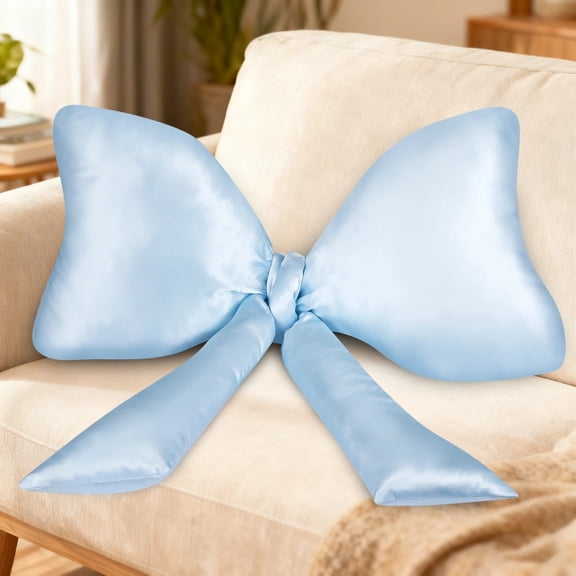 Large Blue Satin Bow Throw Pillow – 23.6" Decorative Neck Support Cushion, Soft & Breathable, Coquette Room Decor for Bed, Couch & Living Room
