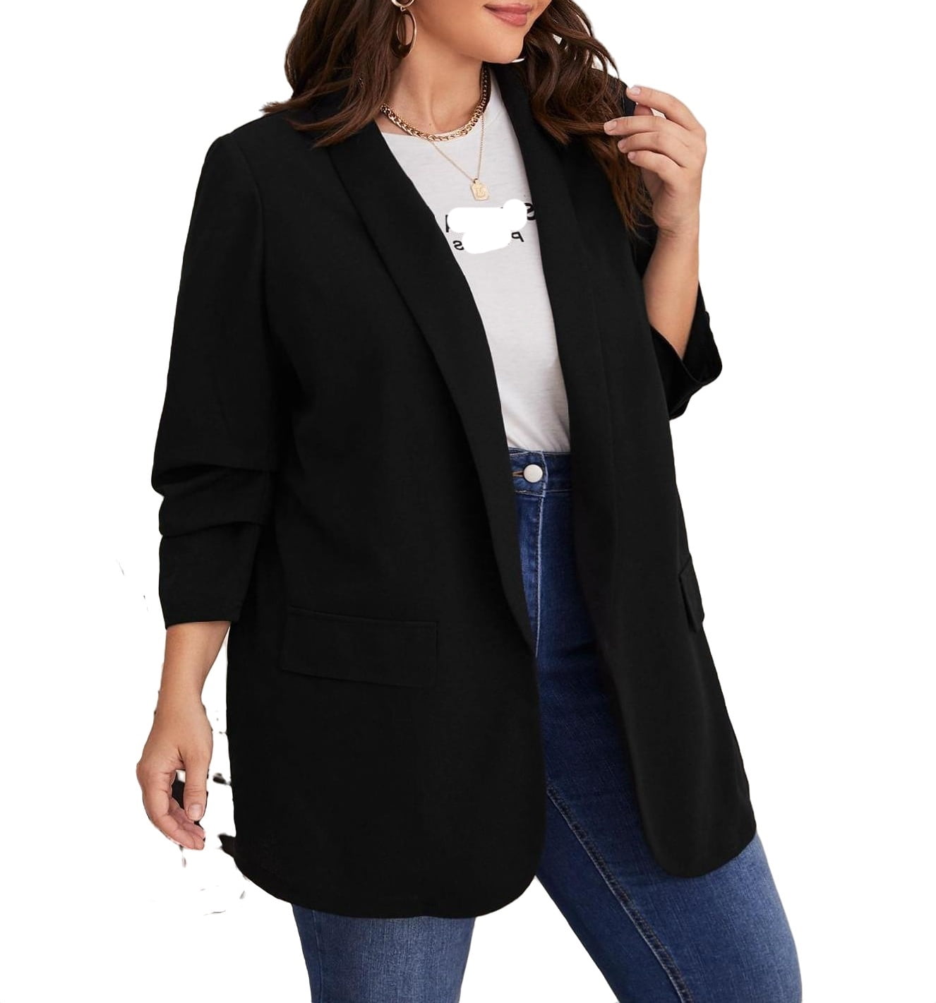 Women's Plus Size Blazers Black Casual Plain Shawl Collar Regular Long ...