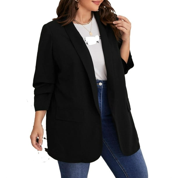 Women's Plus Size Blazers Black Casual Plain Shawl Collar Regular Long ...