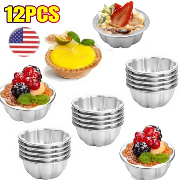 12 Pack Egg Tart Molds, Aluminum Alloy Pudding Jelly Molds, Reusable Cake Tartlets, Cupcake and Muffin Cups for Baking, Flower Shape, Non-sticky
