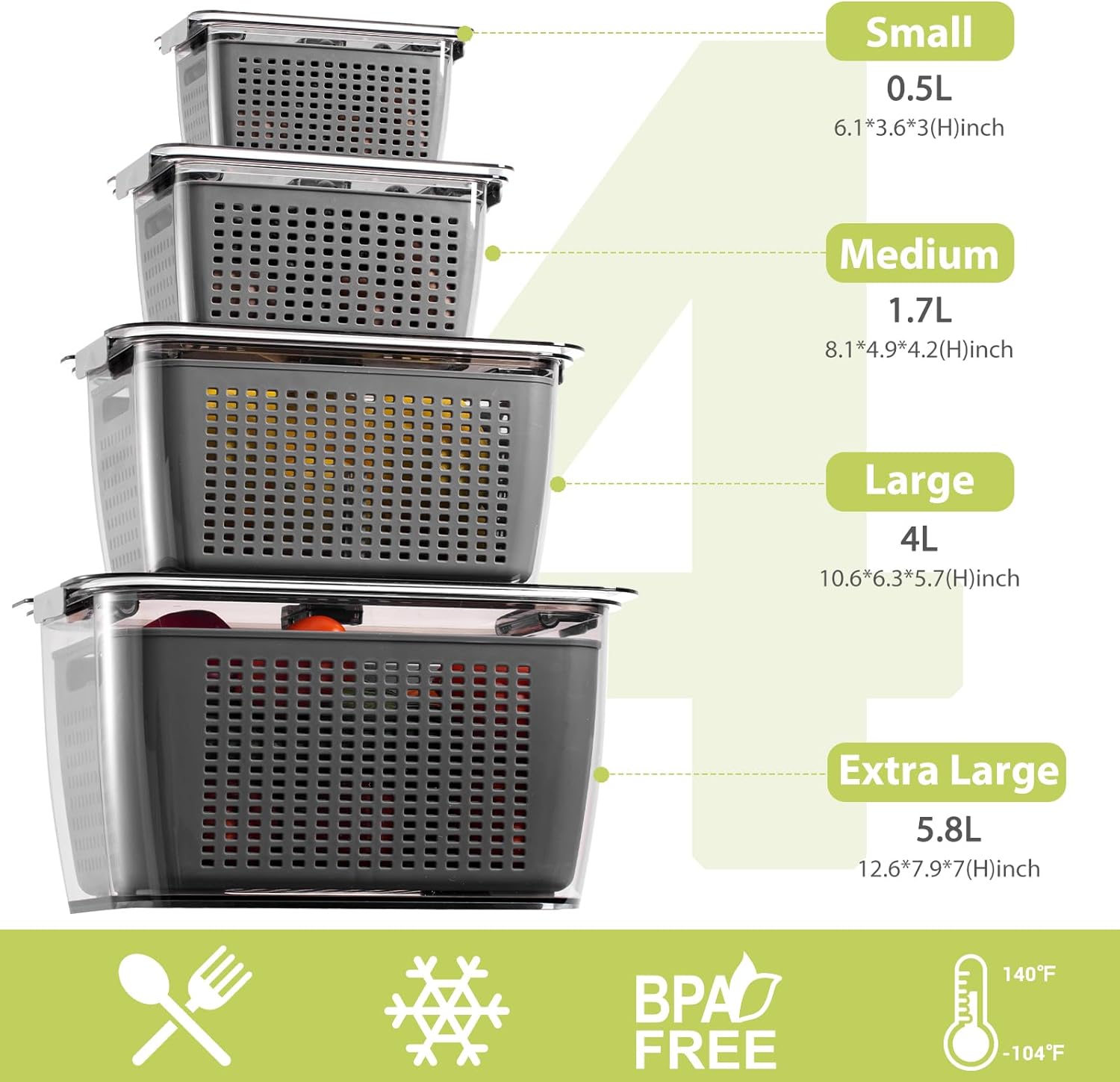 Fresh Container, 3PACK Produce Saver Container BPA Free Fridge Organizer for Vegetable Fruit and Salad Partitioned Food Storage Container with Vents Stay Fresh Containers Not Dishwashers Safe