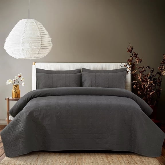 FanciHommie 3-Piece Coverlet with Pillowcases Grid Pattern Quilted Bedspread Set Queen Size Dark Gray