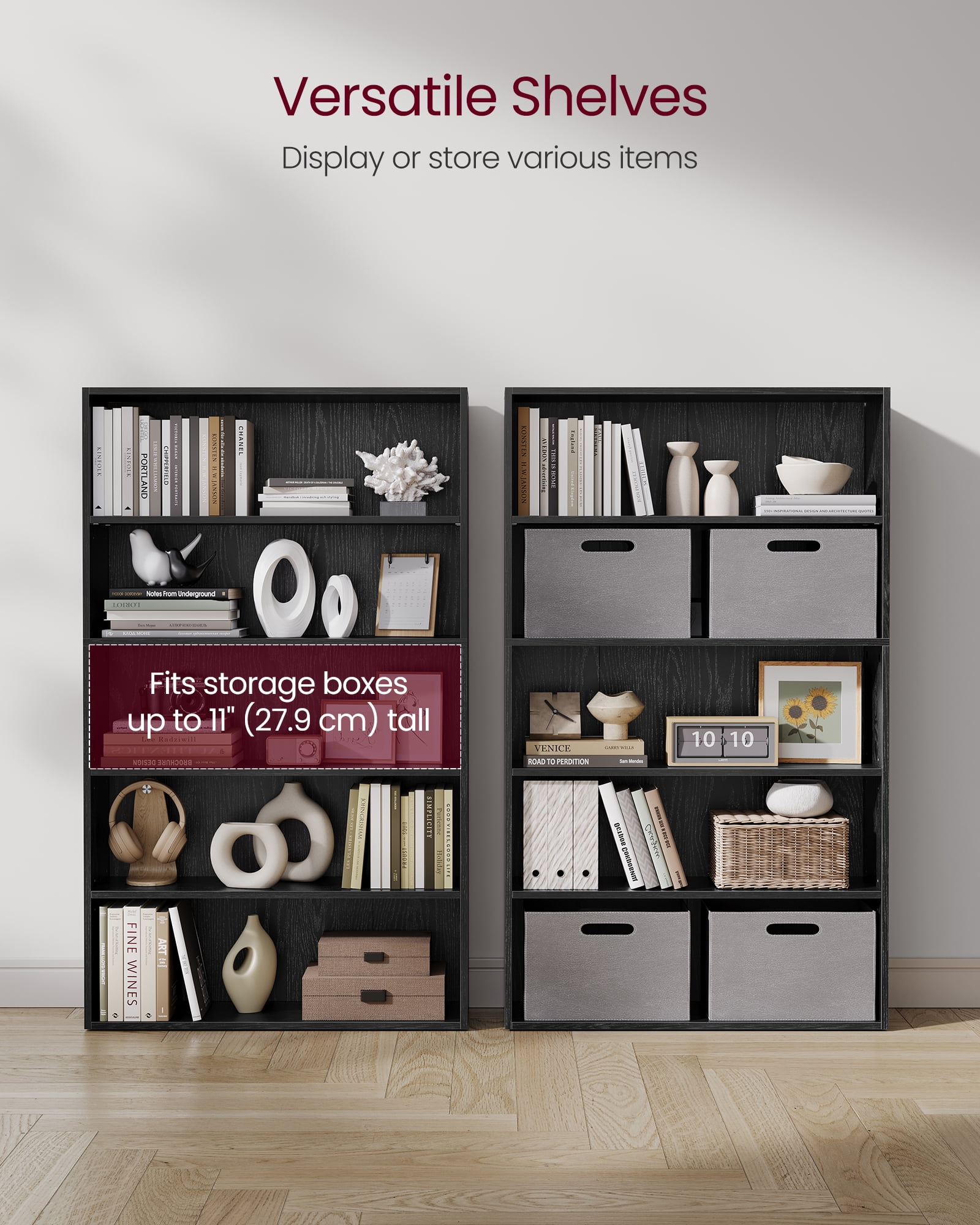 30 Inches Wide 5-Tier Open Bookshelf, Adjustable Storage Shelves, Floor Standing Bookcase, Ebony Black