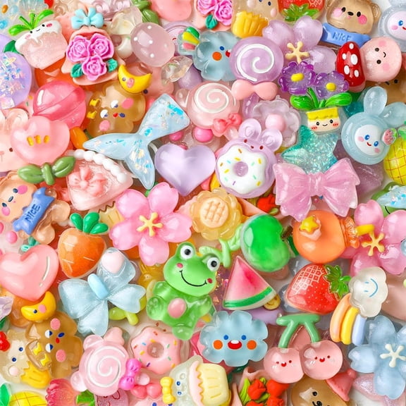LQSEO 60Pcs Cute Slime Charms Mixed Flatback Resin Charms Set,60 Styles Cartoon Making Kit Decorations for Diy Craft Phone Cases Nails Scrapbooking