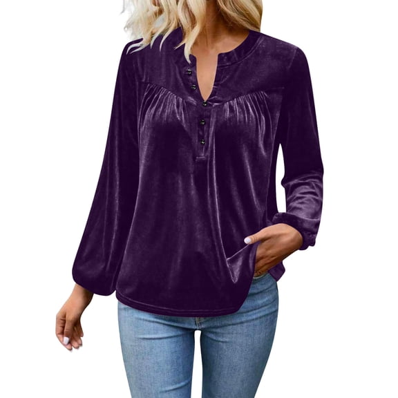 Mifsaly Velvet Blouses for Women 5 Buttons Pleated Velour Tops V-Neck Long Sleep Shirt Pullover Business Elegant T-Shirts Festival Party Fashion Top Purple XXL
