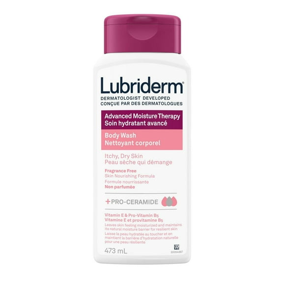 Lubriderm Advanced Moisture Therapy Body Wash, Unscented Nourishing Cleanser with Pro-Ceramide, Vitamin E & Pro-Vitamin B5 Gently Cleanses Itchy, Dry Skin, Fragrance Free, Hypoallergenic, 473 mL