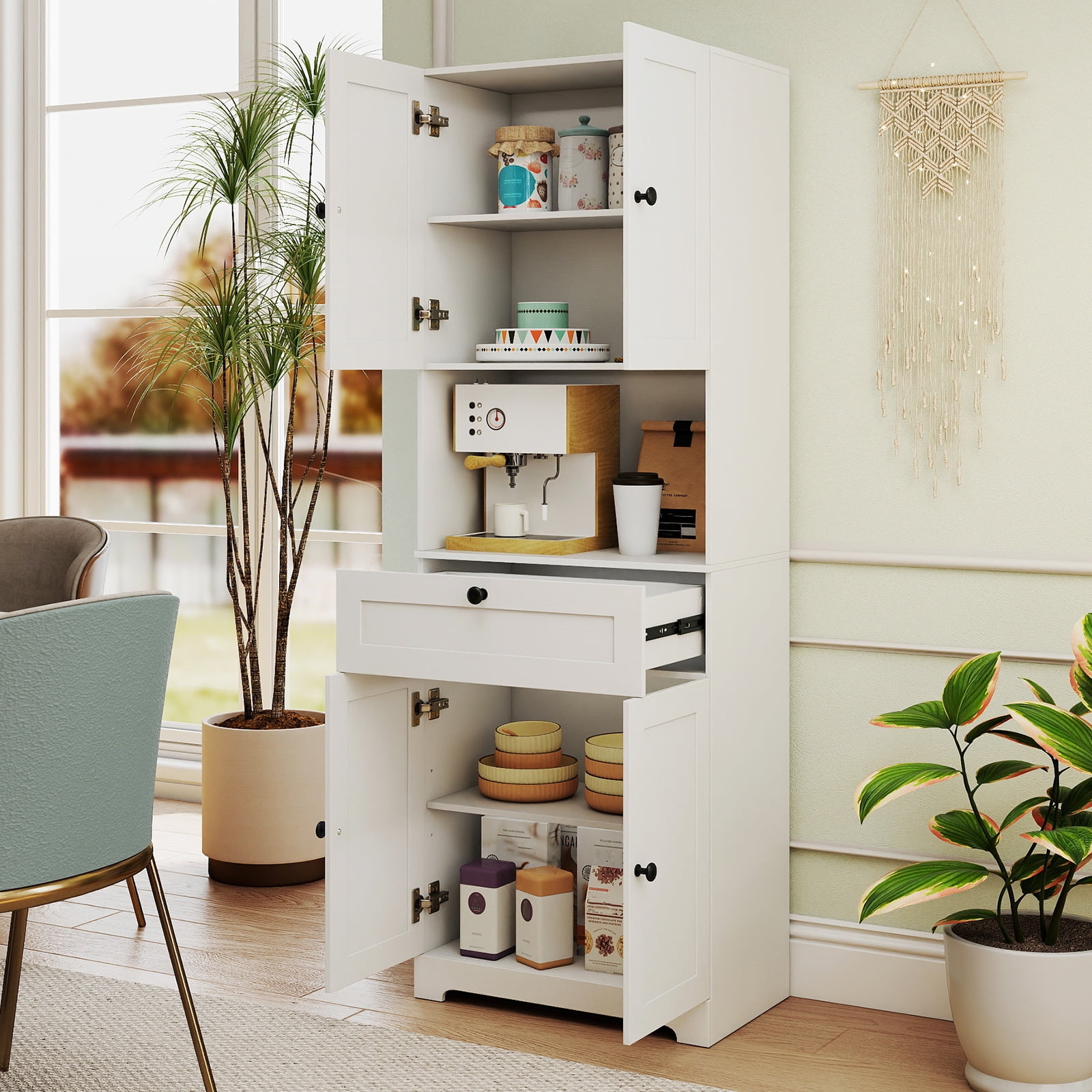 Gymax 67.5'' Kitchen Pantry Cabinet w/4 Doors 1 Drawer Open Countertop Adjustable Shelf White