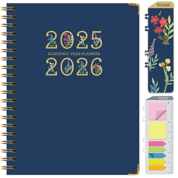Academic Year 2025-2026 Planner, June 2025 - July 2026, 8.5"x11" Daily Weekly Monthly Planner Yearly Agenda, Hardcover, Bookmark, Pocket Folder and Sticky Note Set (Navy Gold Numbers)