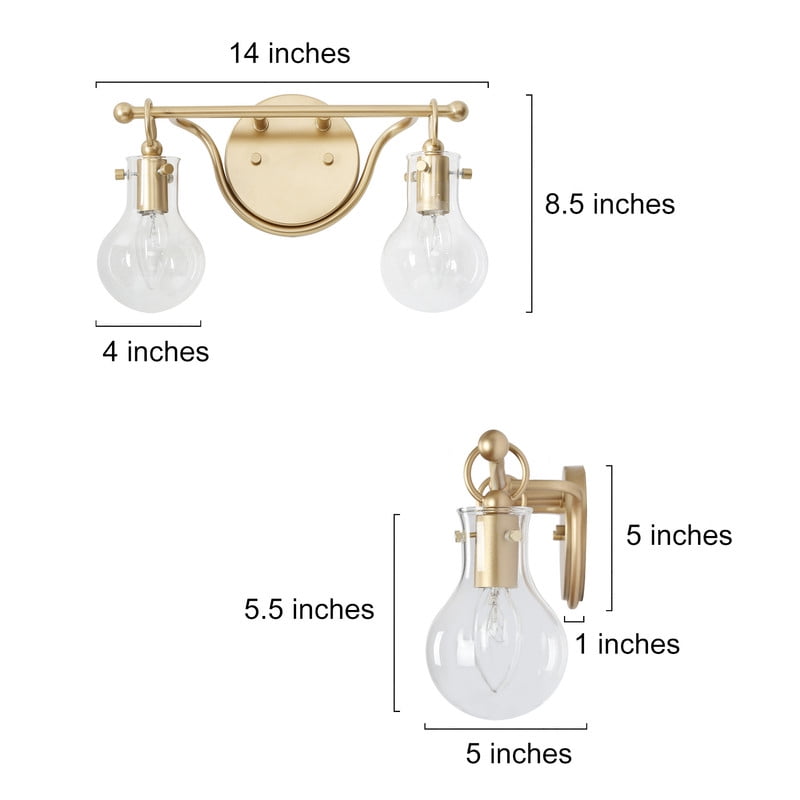 LNC 2-Light Gold Round Clear Glass Modern Bathroom Vanity Lighting Fixutre,14"Lx8"Hx4.5"D
