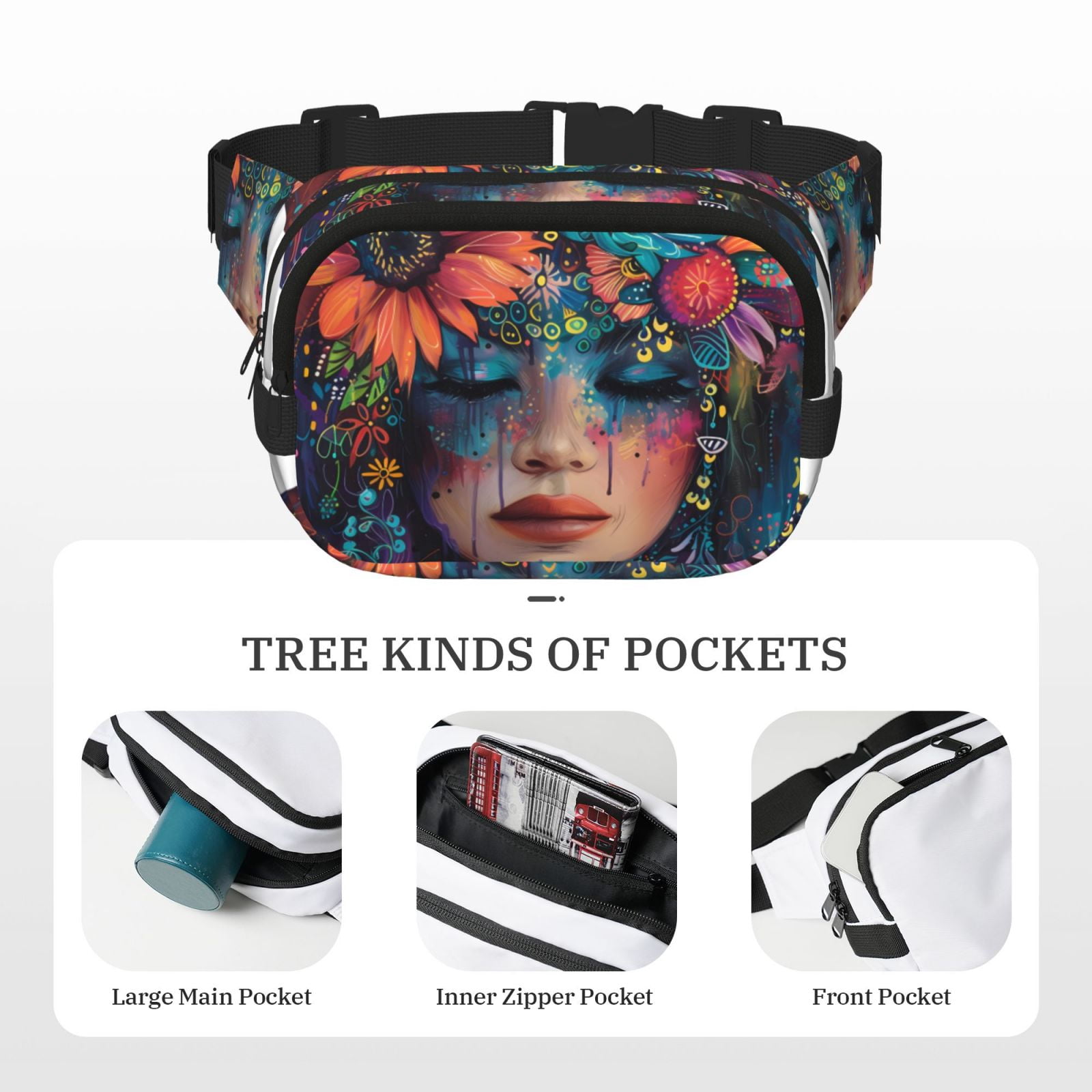 Hirioo Bohemian Colorful Flower Woman for Double Layer Waist Bag Adjustable Fanny Pack For Travel Running Hiking