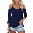 thumbnail image 2 of hxobax Womens Tops 3/4 Sleeve Cold Shoulder Tshirts Sexy V Neck T-Shirt Solid Color Basic Tees Tunic, 2 of 8