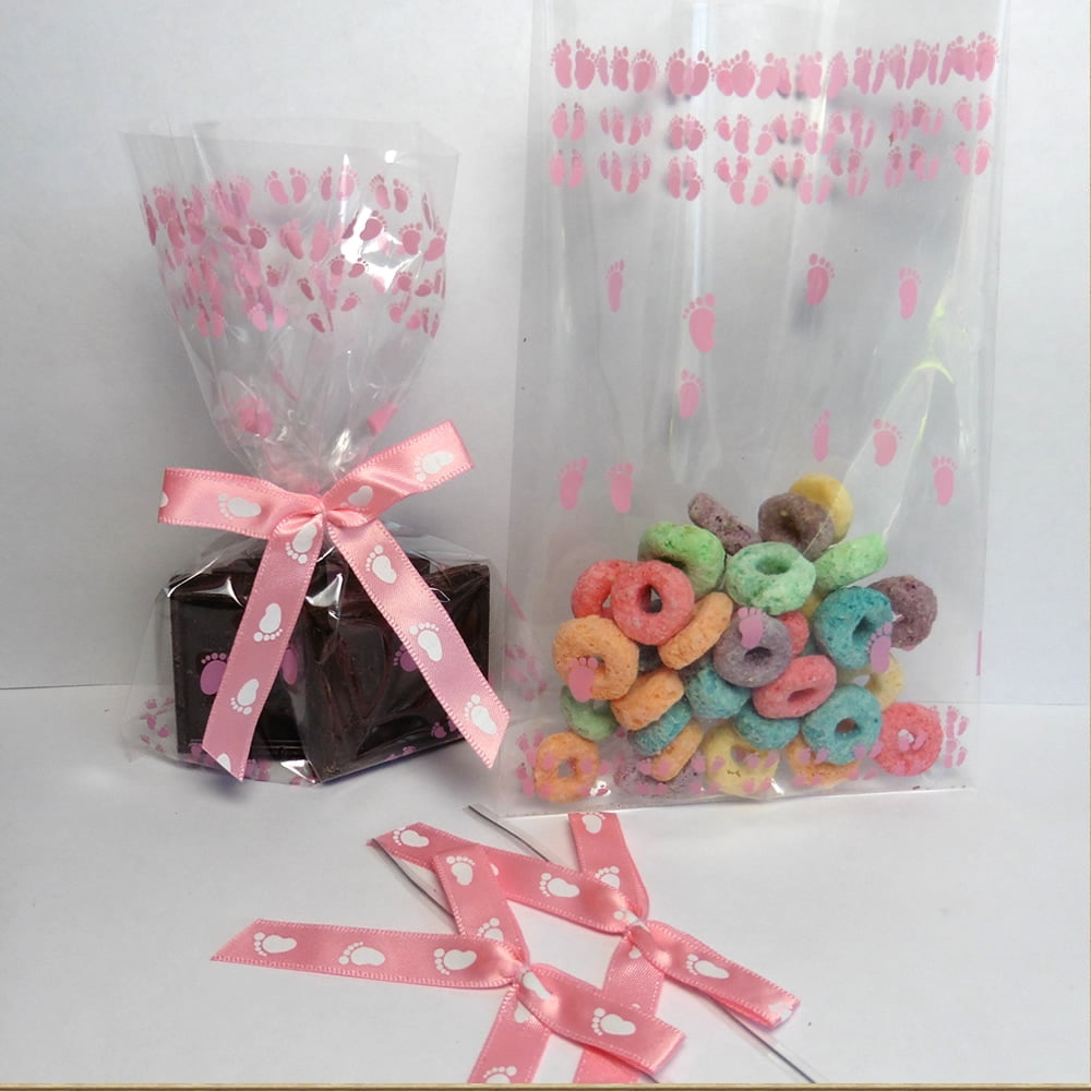 Bags and Bows 25pcs 4"x6" Pink Footprints Bags and Ribbon Bows for