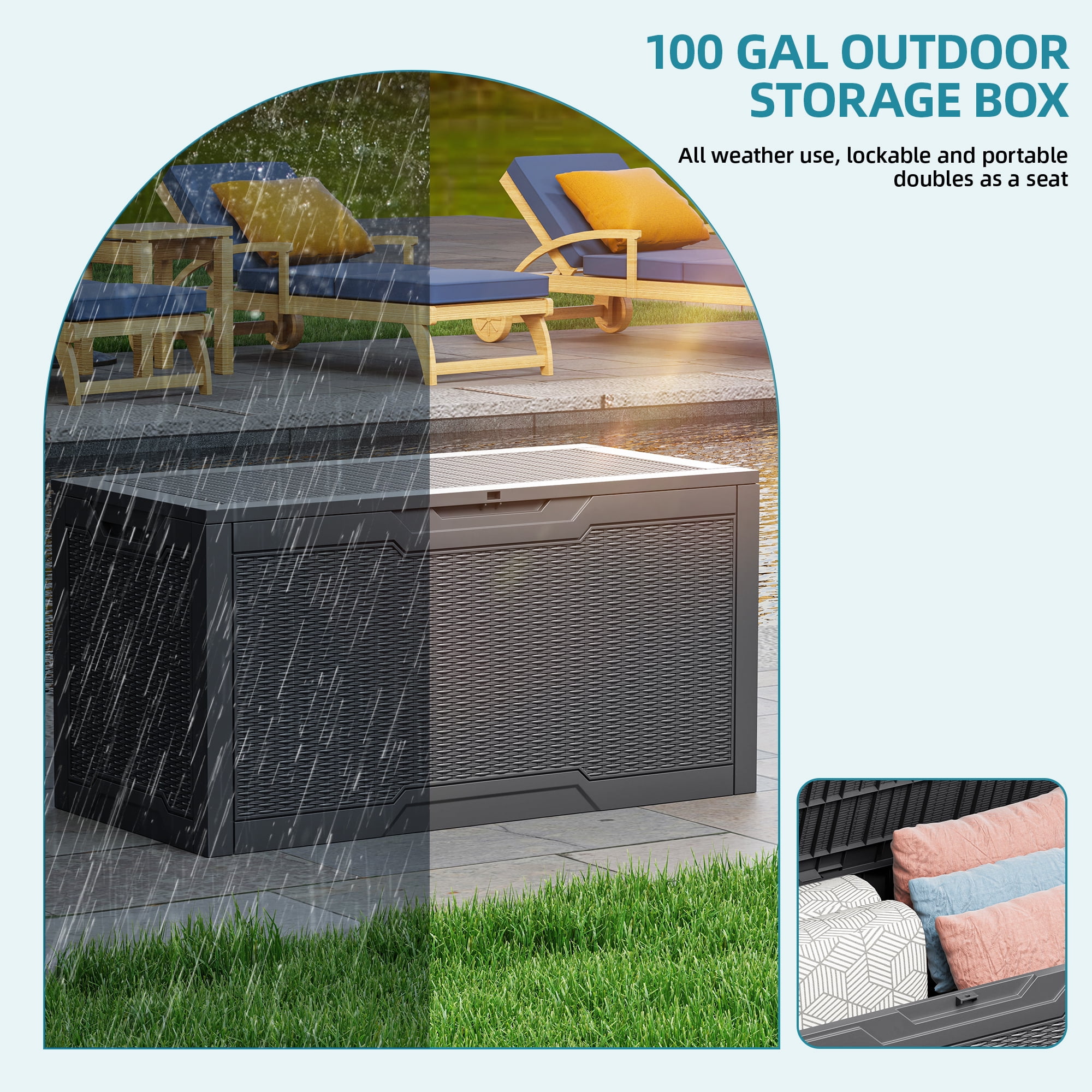 Uforic 100 Gallon Large Resin Deck Box, Waterproof Lockable Outdoor Storage Container for Patio Garden, Dark Gray