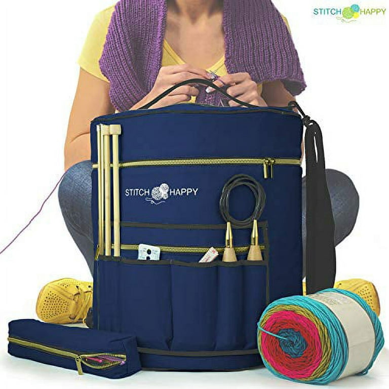 Designer Stitch Happy Knitting Starter Kit: 20 Piece Knitting Kit for  Beginners & 7 Pocket Yarn Bag, Signature Yarn Storage - Black