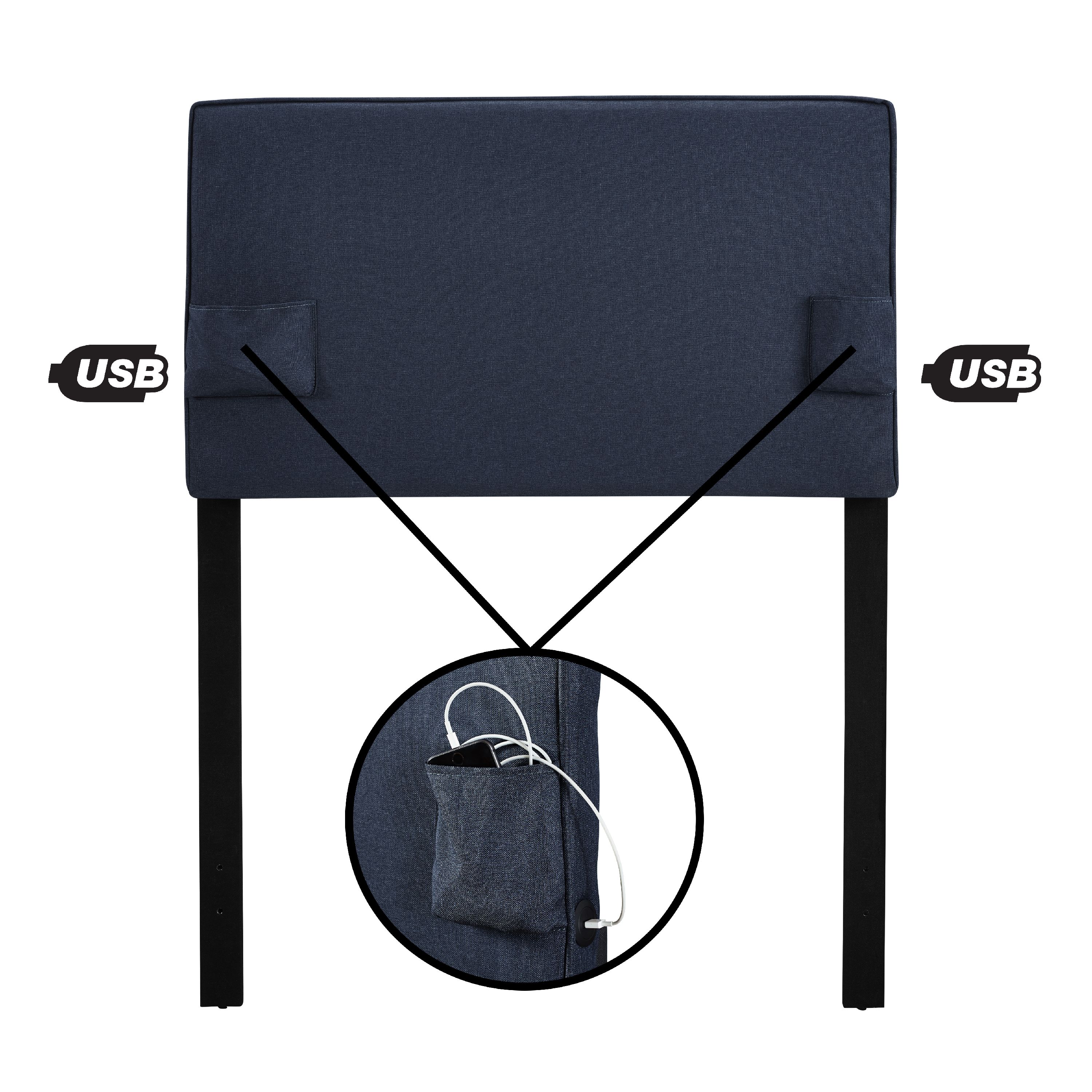 USB Panel Headboard with Storage Pockets, Twin, Multiple Colors