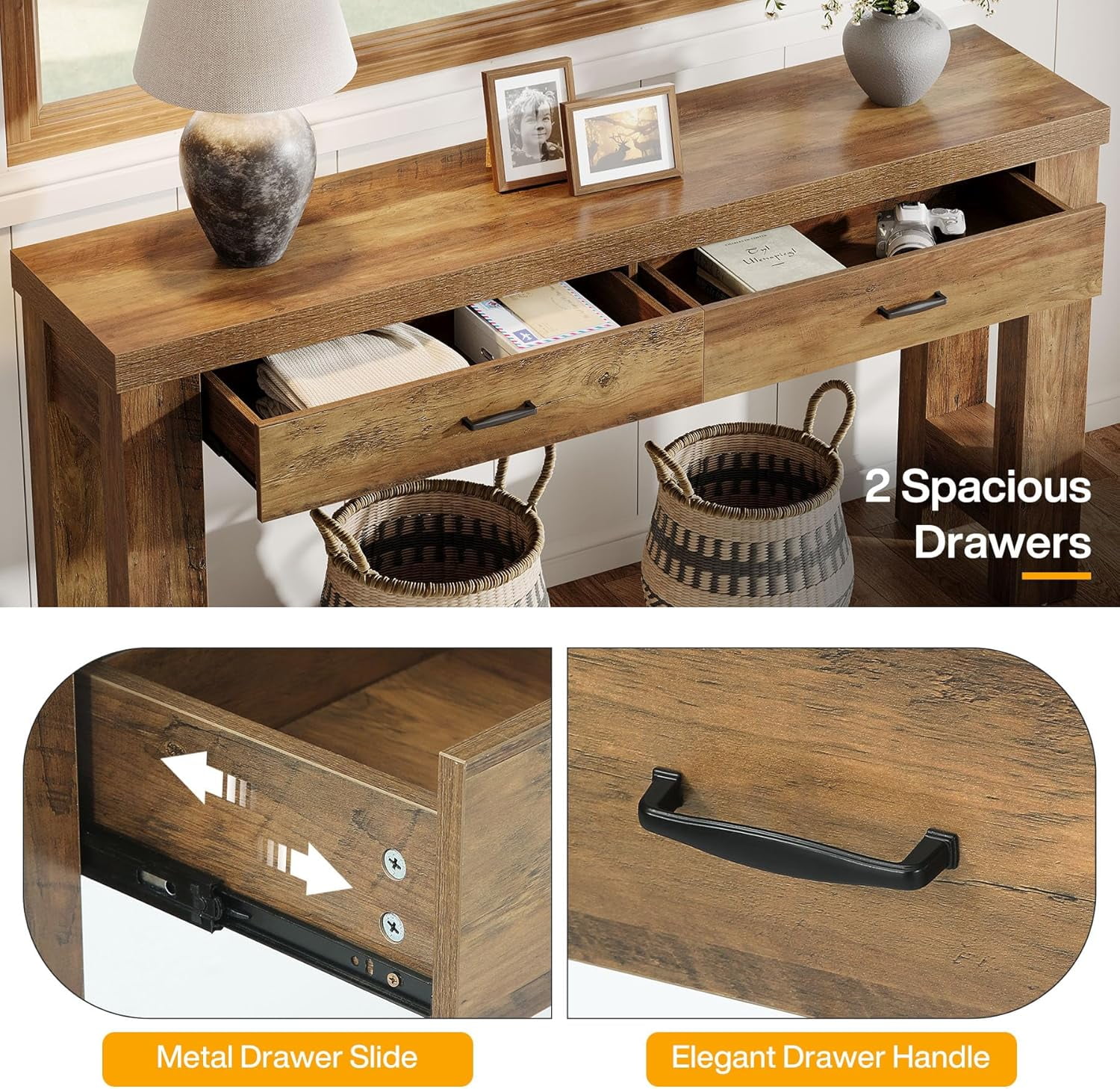 Finmind 63" Console Table: Farmhouse Entryway Table with 2 Drawers & Sturdy H-Shaped Legs for Hallway/Living Room/Bedroom, Rustic Brown