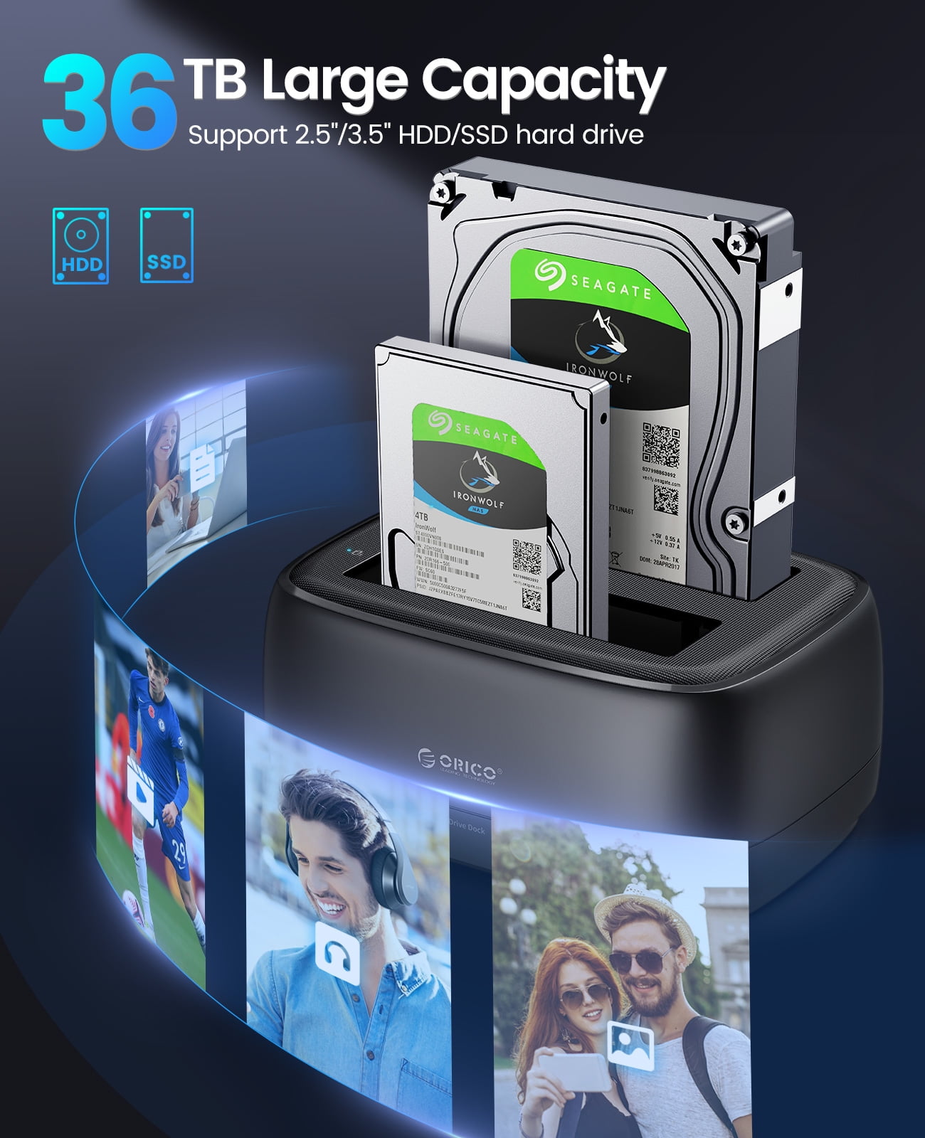 ORICO Hard Drive Docking Station with Offline Clone USB 3.2 Gen 1 to SATA Hard Drive Dock Dual Bay for 2.5&3.5 Inch SSD HDD Up to 40 TB with 12V Power Supply, Tool-Free and UASP Supported