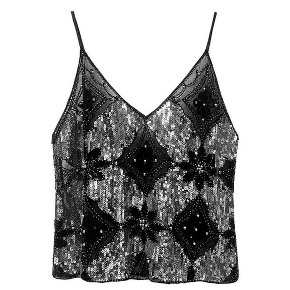 Huhudde Women's Sleeveless Spaghetti Straps V Neck Crop Tanks Top Festival Party Sequins Glittering Sheer Mesh Camisole Vest