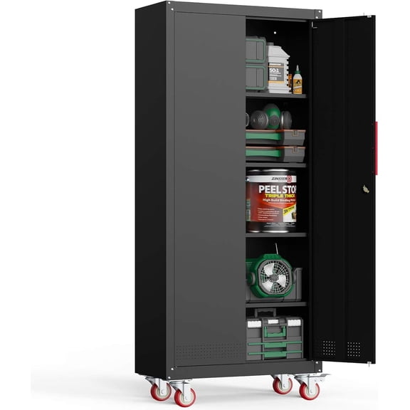 71" H Rolling Garage Storage Cabinet with 4 Adjustable Shelves and 2 Locking Doors, Black Metal