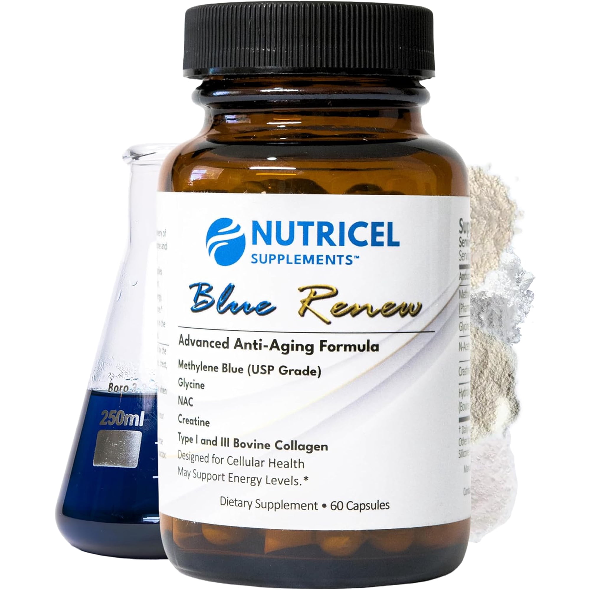 Methylene Blue Pharmaceutical Grade Capsules, with Added Glycine + NAC for Enhanced Antioxidant Activity, Collagen and Creatine for Anti-Aging Support, Youth and Longevity Formula