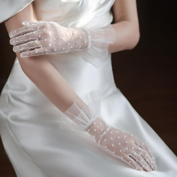 1 Pair Bridal White Gloves Lace Gloves Full Finger Tulle Mittens Fancy Dress Short Wrist Ladies Wedding Gloves for Dance Opera Banquet Party
