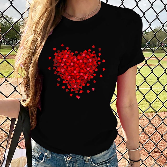 Mareep Vêtements de la Saint-Valentin S-3TG T-shirt Imprimé pour Femmes Col Rond Manches Courtes Cadeau de la Saint-Valentin