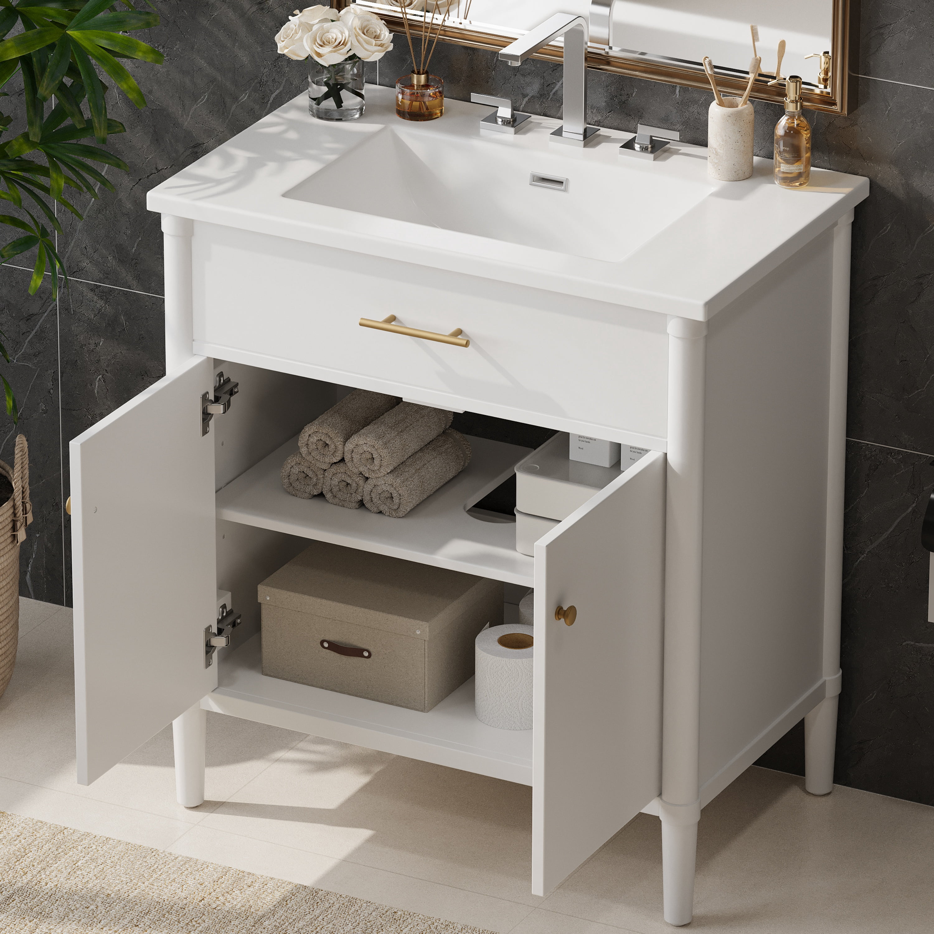 Euroco 31" Bathroom Vanity with Sink, Bathroom Cabinet with Soft Close Doors and Adjustable Shelf, Curved Profile Design, Rubber Wood Legs, White