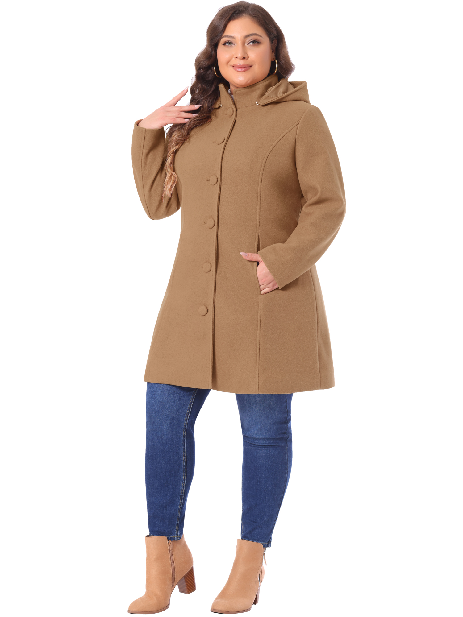 DARING DIVA Women's Plus Size Single Breasted Detachable Hooded Overcoat 1X Camel