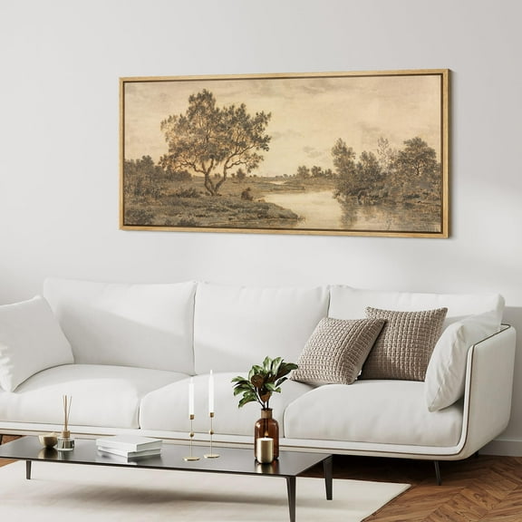 IDEA4WALL Extra Large Framed Canvas Print Wall Art Misty Riverbank with Solitary Tree Artwork Nature Wilderness Antique Retro Fine Art Watercolor Decorative Relax/Calm for Rooms Decor - 60"x30"